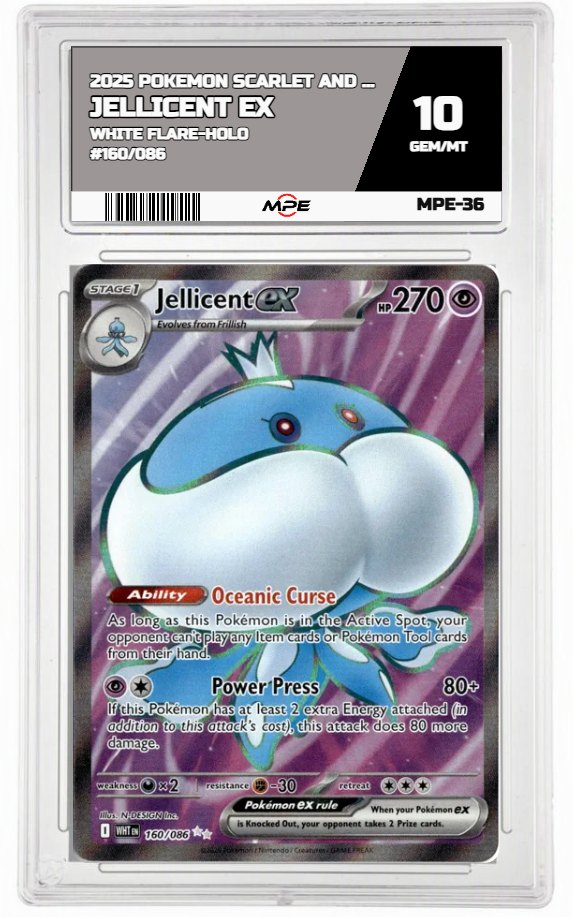 2025 POKEMON SCARLET AND VIOLET WHITE FLARE-HOLO #160/086 JELLICENT EX MPE 10 GEM/MT — graded card up for auction