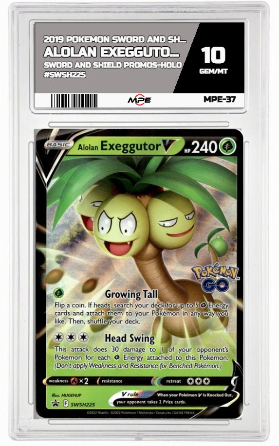 2019 POKEMON SWORD AND SHIELD SWORD AND SHIELD PROMOS-HOLO #SWSH225 Alolan Exeggutor V MPE 10 GEM/MT — graded card up for auction