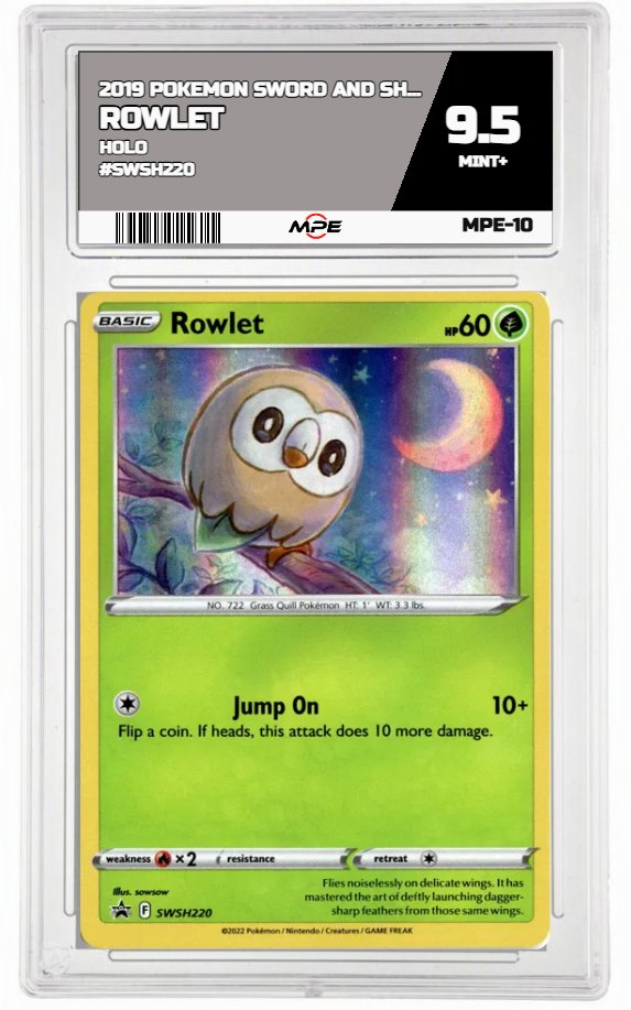 2019 POKEMON SWORD AND SHIELD HOLO #SWSH220 ROWLET MPE 9.5 MINT+ — graded card auctioned from the MPE vault