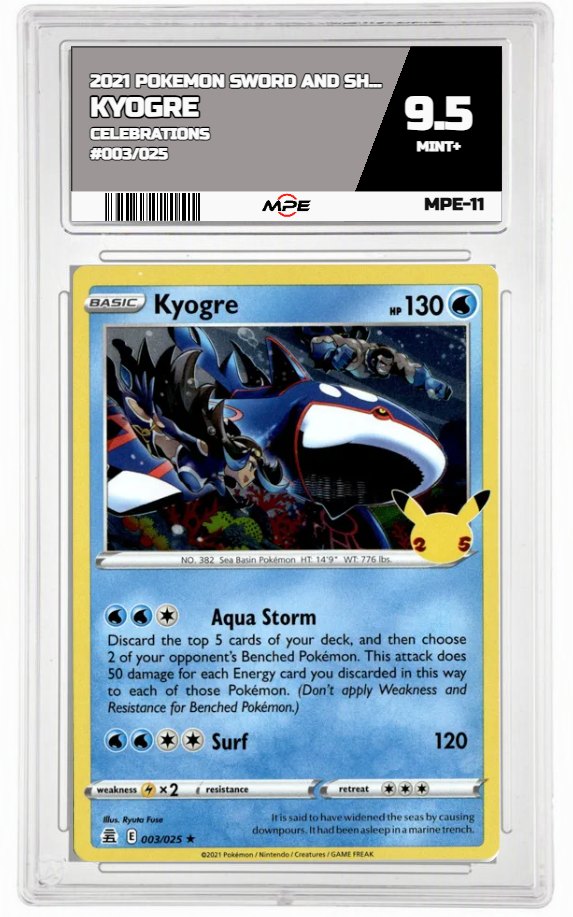 2021 POKEMON SWORD AND SHIELD CELEBRATIONS #003/025 Kyogre MPE 9.5 MINT+ — graded card auctioned from the MPE vault