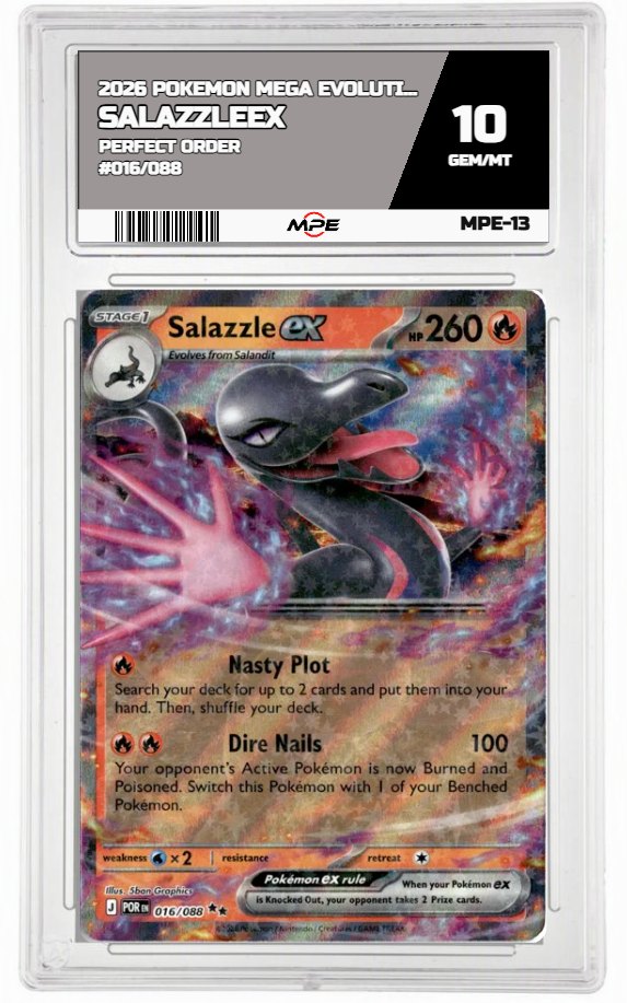 2026 POKEMON MEGA EVOLUTION PERFECT ORDER #016/088 SalazzleEX MPE 10 GEM/MT — graded card auctioned from the MPE vault
