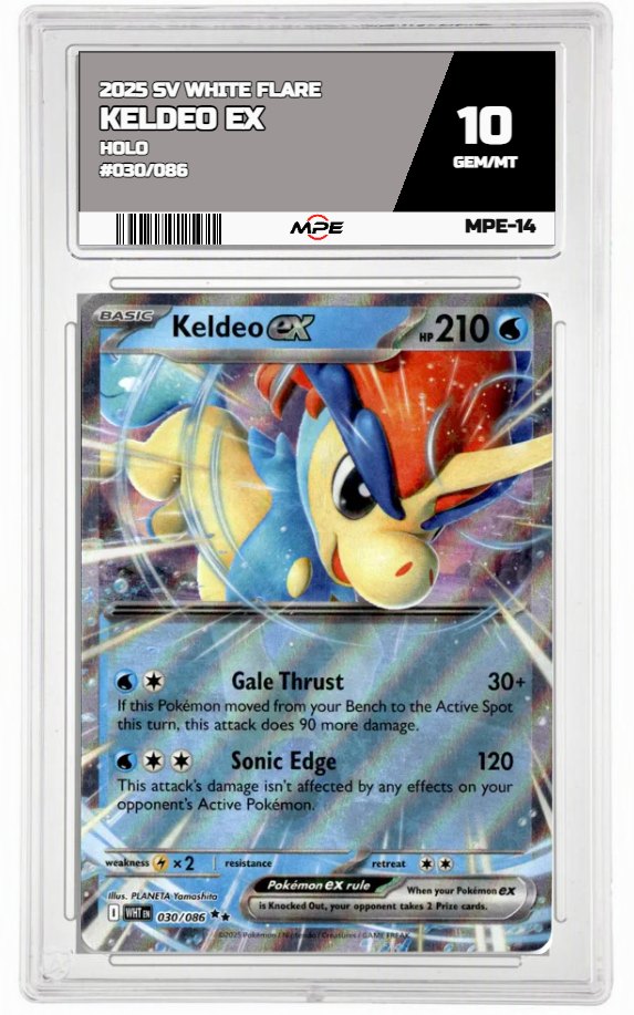 2025 SV WHITE FLARE HOLO #030/086 KELDEO EX MPE 10 GEM/MT — graded card auctioned from the MPE vault
