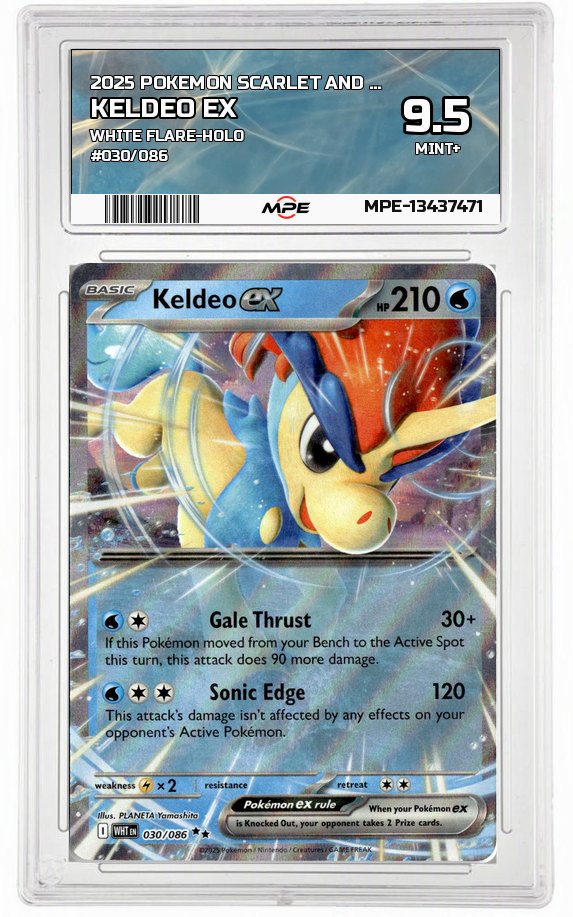 2025 POKEMON SCARLET AND VIOLET WHITE FLARE-HOLO #030/086 KELDEO EX MPE 9.5 MINT+ — graded card up for auction