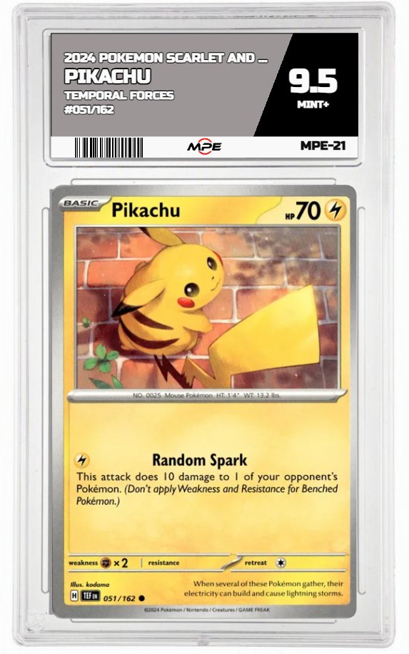 2024 POKEMON SCARLET AND VIOLET TEMPORAL FORCES #051/162 Pikachu MPE 9.5 MINT+ — graded card auctioned from the MPE vault