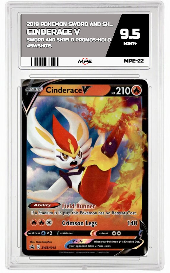 2019 POKEMON SWORD AND SHIELD SWORD AND SHIELD PROMOS-HOLO #SWSH015 Cinderace V MPE 9.5 MINT+ — graded card auctioned from the MPE vault