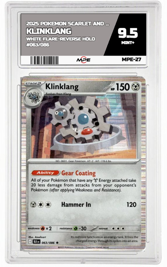 2025 POKEMON SCARLET AND VIOLET WHITE FLARE-REVERSE HOLO #063/086 KLINKLANG MPE 9.5 MINT+ — graded card auctioned from the MPE vault