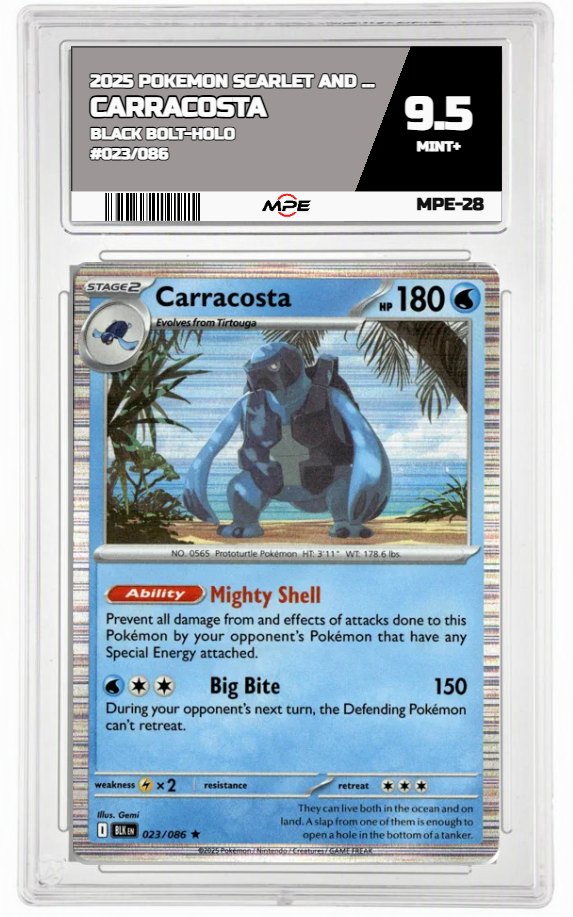 2025 POKEMON SCARLET AND VIOLET BLACK BOLT-HOLO #023/086 CARRACOSTA MPE 9.5 MINT+ — graded card up for auction