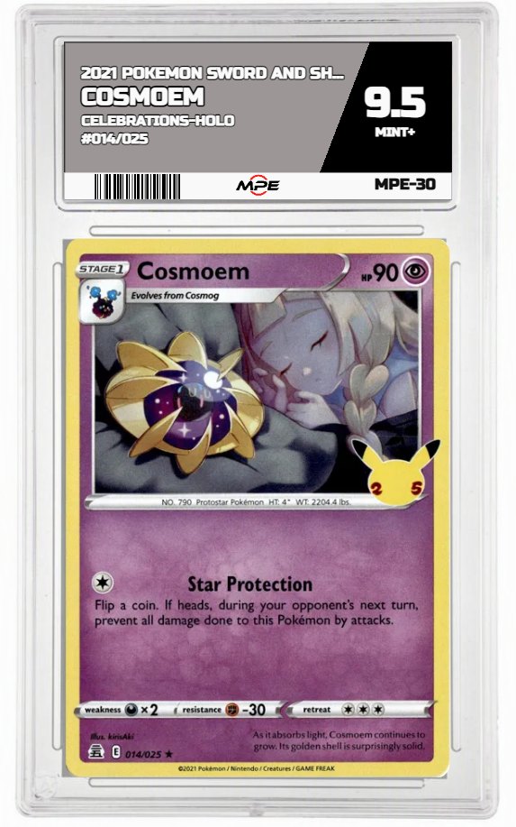 2021 POKEMON SWORD AND SHIELD CELEBRATIONS-HOLO #014/025 COSMOEM MPE 9.5 MINT+ — graded card auctioned from the MPE vault