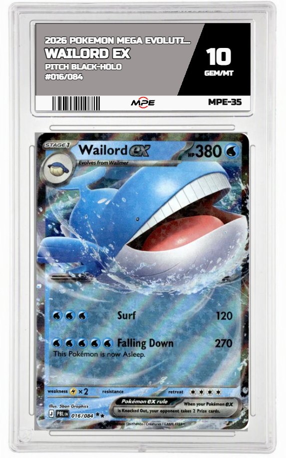 2026 POKEMON MEGA EVOLUTION PITCH BLACK-HOLO #016/084 Wailord EX MPE 10 GEM/MT — graded card auctioned from the MPE vault
