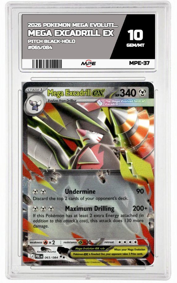 2026 POKEMON MEGA EVOLUTION PITCH BLACK-HOLO #065/084 Mega Excadrill EX MPE 10 GEM/MT — graded card auctioned from the MPE vault