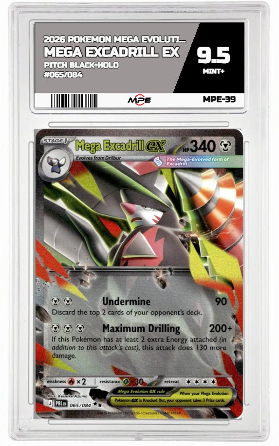 2026 POKEMON MEGA EVOLUTION PITCH BLACK-HOLO #065/084 Mega Excadrill EX MPE 9.5 MINT+ — graded card auctioned from the MPE vault