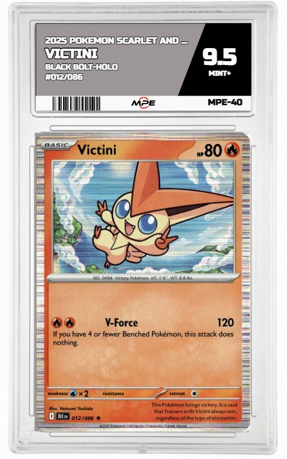 2025 POKEMON SCARLET AND VIOLET BLACK BOLT-HOLO #012/086 Victini MPE 9.5 MINT+ — graded card up for auction