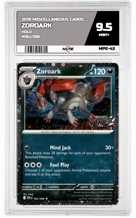 2018 MISCELLANEOUS CARDS & PRODUCTS HOLO #062/086 ZOROARK MPE 9.5 MINT+ — graded card up for auction