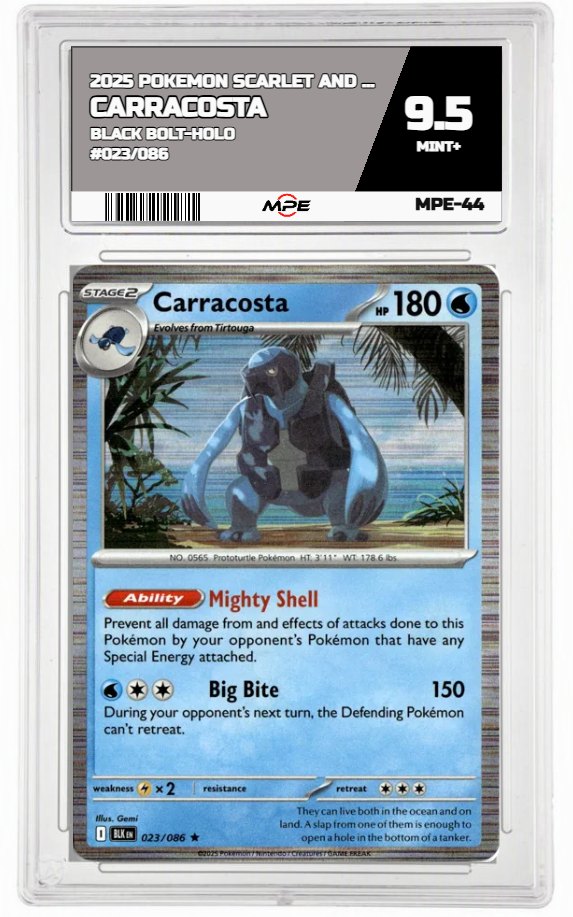 2025 POKEMON SCARLET AND VIOLET BLACK BOLT-HOLO #023/086 CARRACOSTA MPE 9.5 MINT+ — graded card auctioned from the MPE vault