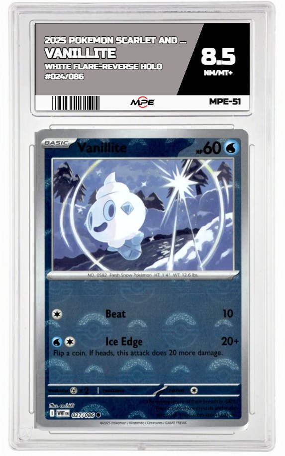 2025 POKEMON SCARLET AND VIOLET WHITE FLARE-REVERSE HOLO #024/086 Vanillite MPE 8.5 NM/MT+ — graded card up for auction