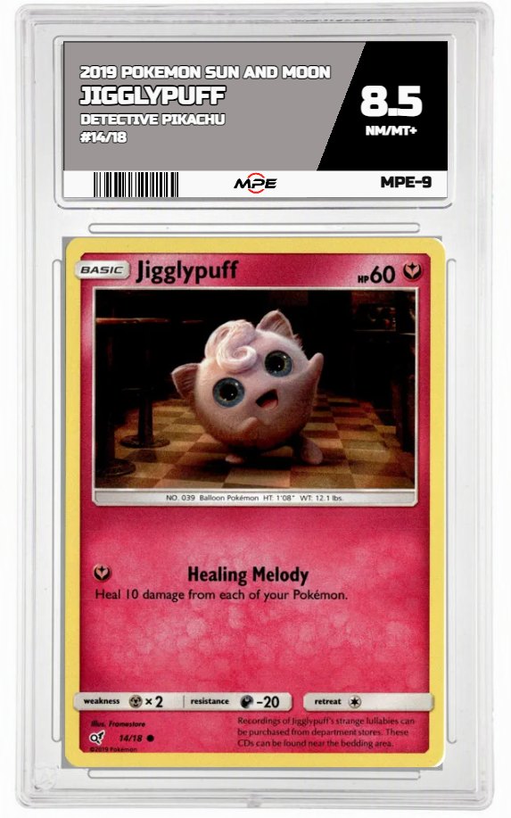 2019 POKEMON SUN AND MOON DETECTIVE PIKACHU #14/18 Jigglypuff MPE 8.5 NM/MT+ — graded card auctioned from the MPE vault