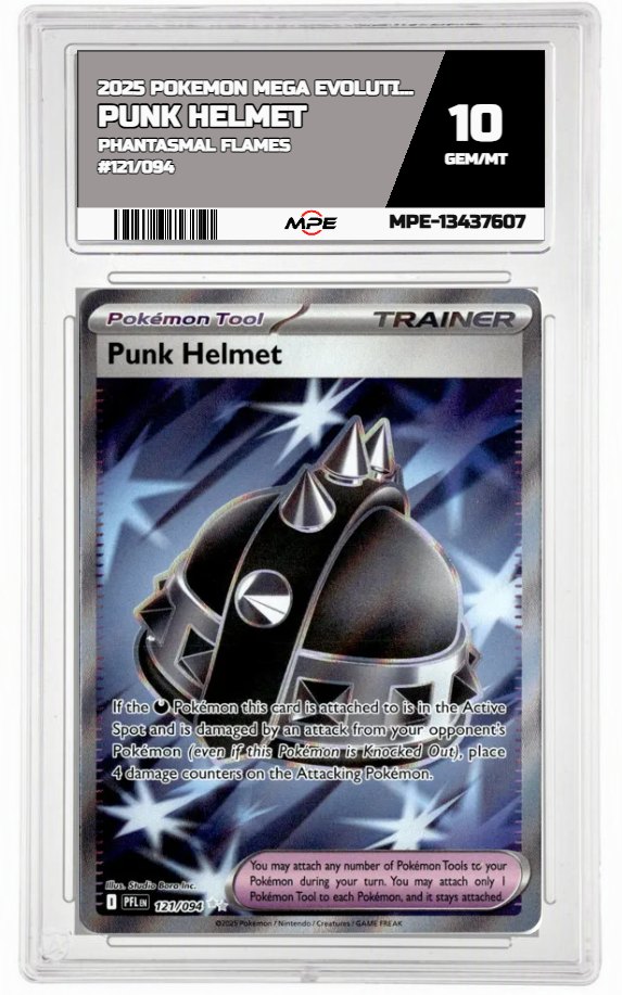 2025 POKEMON MEGA EVOLUTION PHANTASMAL FLAMES #121/094 Punk Helmet MPE 10 GEM/MT — graded card auctioned from the MPE vault