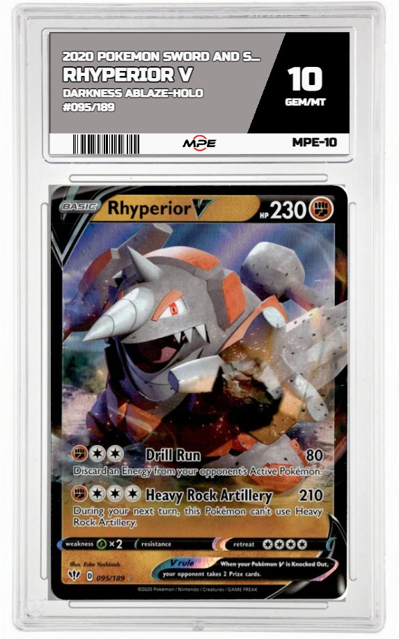 2020 POKEMON SWORD AND SHIELD DARKNESS ABLAZE-HOLO #095/189 Rhyperior V MPE 10 GEM/MT — graded card auctioned from the MPE vault