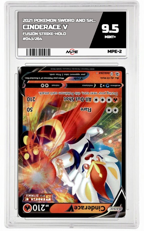 2021 POKEMON SWORD AND SHIELD FUSION STRIKE-HOLO #043/264 Cinderace V MPE 9.5 MINT+ — graded card auctioned from the MPE vault