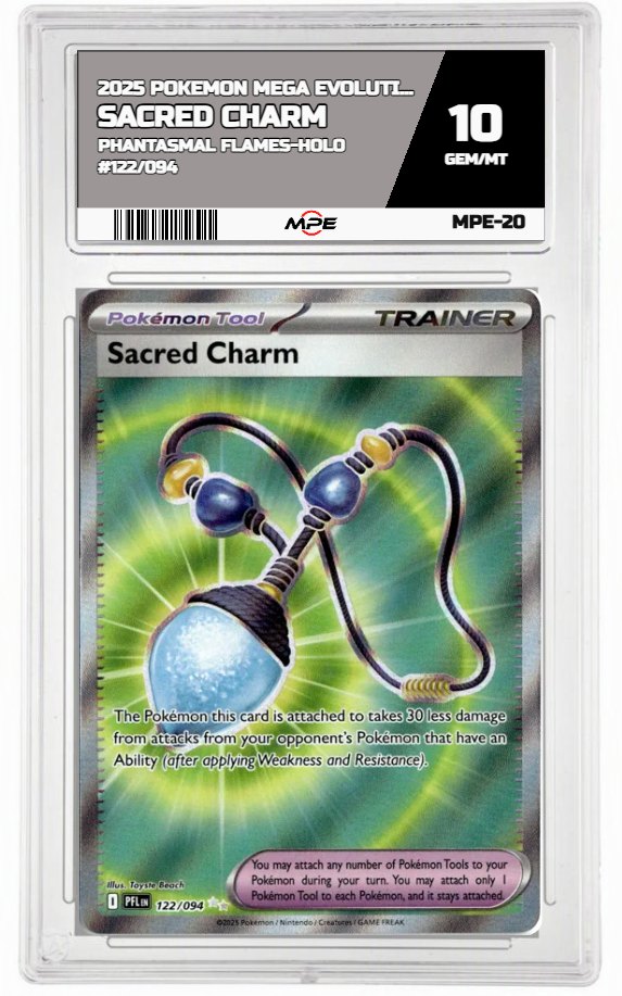 2025 POKEMON MEGA EVOLUTION PHANTASMAL FLAMES-HOLO #122/094 Sacred Charm MPE 10 GEM/MT — graded card auctioned from the MPE vault