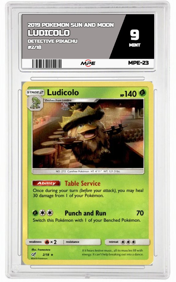 2019 POKEMON SUN AND MOON DETECTIVE PIKACHU #2/18 Ludicolo MPE 9 MINT — graded card auctioned from the MPE vault