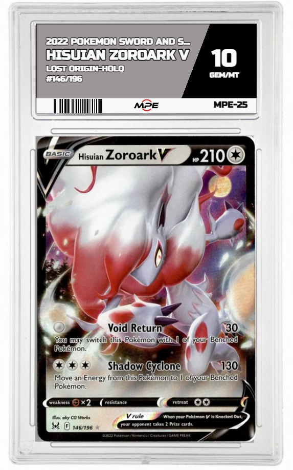 2022 POKEMON SWORD AND SHIELD LOST ORIGIN-HOLO #146/196 Hisuian Zoroark V MPE 10 GEM/MT — graded card auctioned from the MPE vault