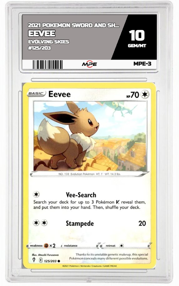 2021 POKEMON SWORD AND SHIELD EVOLVING SKIES #125/203 Eevee MPE 10 GEM/MT — graded card auctioned from the MPE vault