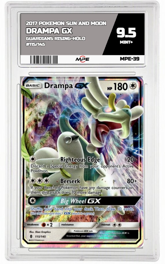 2017 POKEMON SUN AND MOON GUARDIANS RISING-HOLO #115/145 Drampa GX MPE 9.5 MINT+ — graded card auctioned from the MPE vault