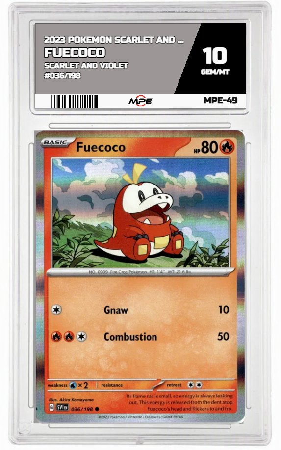 2023 POKEMON SCARLET AND VIOLET SCARLET AND VIOLET #036/198 Fuecoco MPE 10 GEM/MT — graded card auctioned from the MPE vault