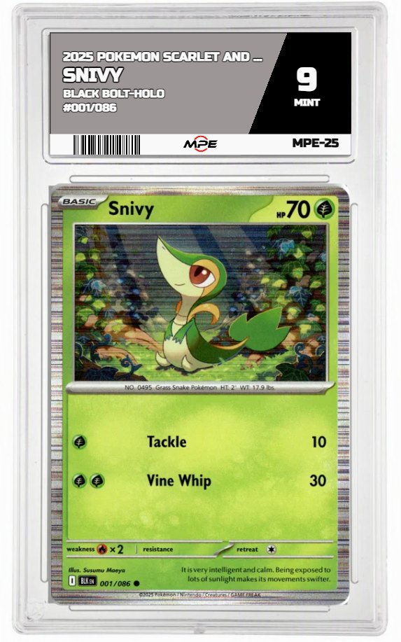 2025 POKEMON SCARLET AND VIOLET BLACK BOLT-holo #001/086 Snivy MPE 9 MINT — graded card auctioned from the MPE vault