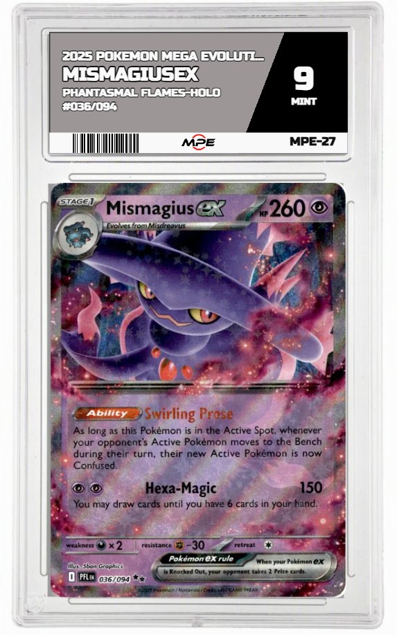 2025 POKEMON MEGA EVOLUTION PHANTASMAL FLAMES-HOLO #036/094 MismagiusEX MPE 9 MINT — graded card auctioned from the MPE vault