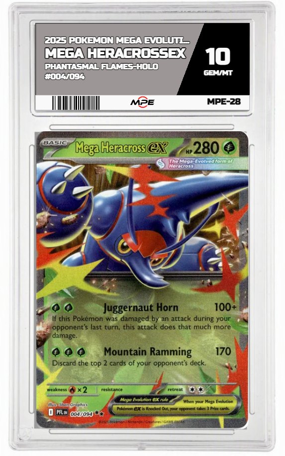 2025 POKEMON MEGA EVOLUTION PHANTASMAL FLAMES-HOLO #004/094 Mega HeracrossEX MPE 10 GEM/MT — graded card auctioned from the MPE vault