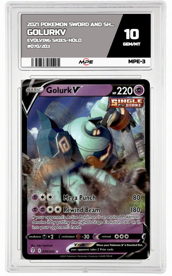 2021 POKEMON SWORD AND SHIELD EVOLVING SKIES-HOLO #070/203 GolurkV MPE 10 GEM/MT — graded card auctioned from the MPE vault