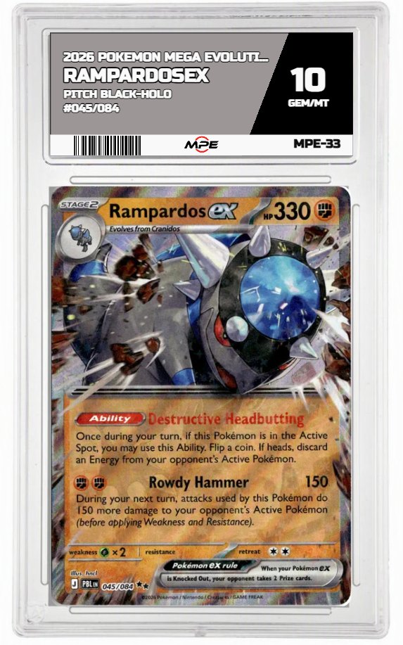 2026 POKEMON MEGA EVOLUTION PITCH BLACK-HOLO #045/084 RampardosEX MPE 10 GEM/MT — graded card auctioned from the MPE vault