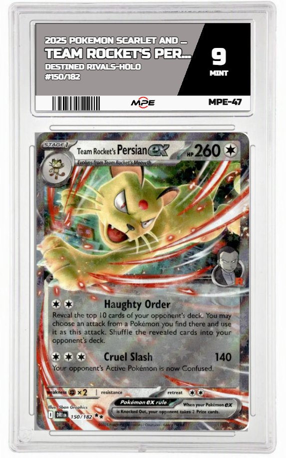 2025 POKEMON SCARLET AND VIOLET DESTINED RIVALS-HOLO #150/182 Team Rocket's PersianEX MPE 9 MINT — graded card auctioned from the MPE vault