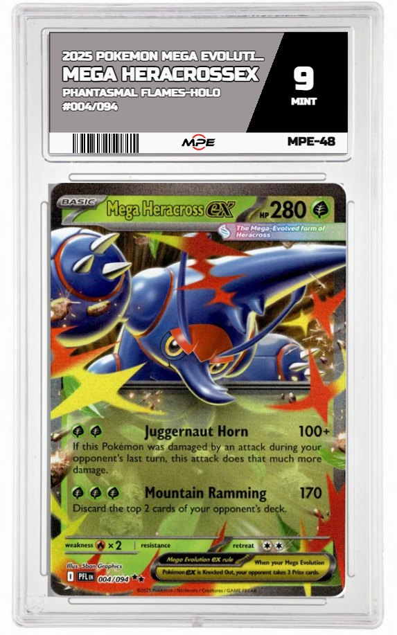 2025 POKEMON MEGA EVOLUTION PHANTASMAL FLAMES-HOLO #004/094 Mega HeracrossEX MPE 9 MINT — graded card auctioned from the MPE vault