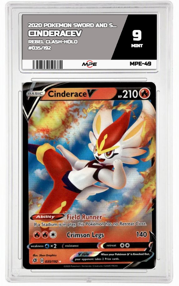 2020 POKEMON SWORD AND SHIELD REBEL CLASH-HOLO #035/192 CinderaceV MPE 9 MINT — graded card auctioned from the MPE vault