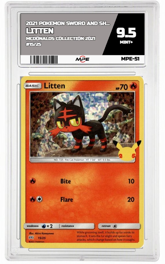 2021 POKEMON SWORD AND SHIELD MCDONALDS COLLECTION 2021 #15/25 Litten MPE 9.5 MINT+ — graded card auctioned from the MPE vault