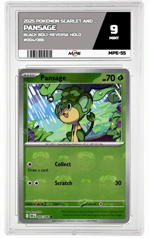 2025 POKEMON SCARLET AND VIOLET BLACK BOLT-REVERSE HOLO #004/086 PANSAGE MPE 9 MINT — graded card auctioned from the MPE vault