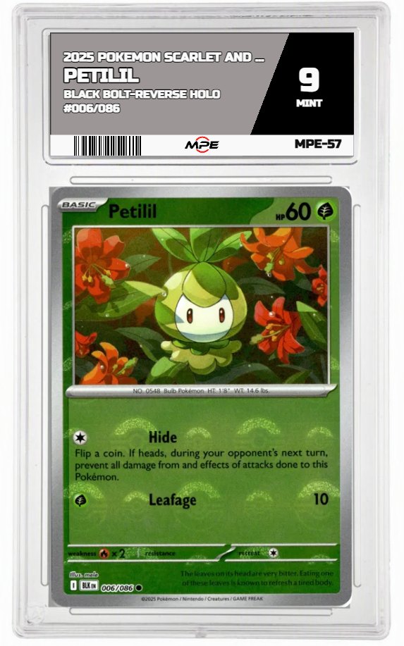 2025 POKEMON SCARLET AND VIOLET BLACK BOLT-REVERSE HOLO #006/086 PETILIL MPE 9 MINT — graded card auctioned from the MPE vault