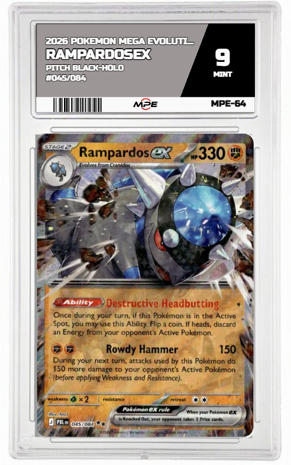 2026 POKEMON MEGA EVOLUTION PITCH BLACK-HOLO #045/084 RampardosEX MPE 9 MINT — graded card auctioned from the MPE vault
