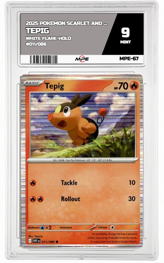 2025 POKEMON SCARLET AND VIOLET WHITE FLARE-HOLO #011/086 Tepig MPE 9 MINT — graded card auctioned from the MPE vault