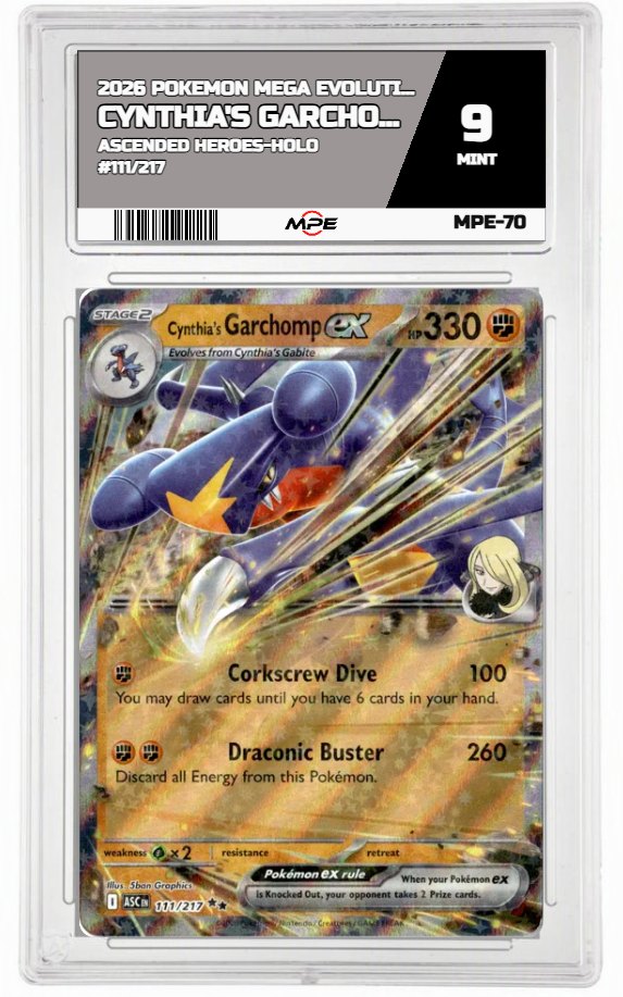 2026 POKEMON MEGA EVOLUTION ASCENDED HEROES-HOLO #111/217 Cynthia's GarchompEX MPE 9 MINT — graded card auctioned from the MPE vault