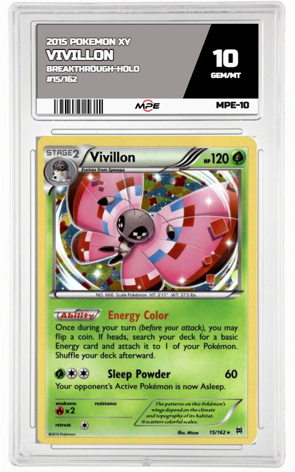 2015 POKEMON XY BREAKTHROUGH-HOLO #15/162 VIVILLON MPE 10 GEM/MT — graded card auctioned from the MPE vault