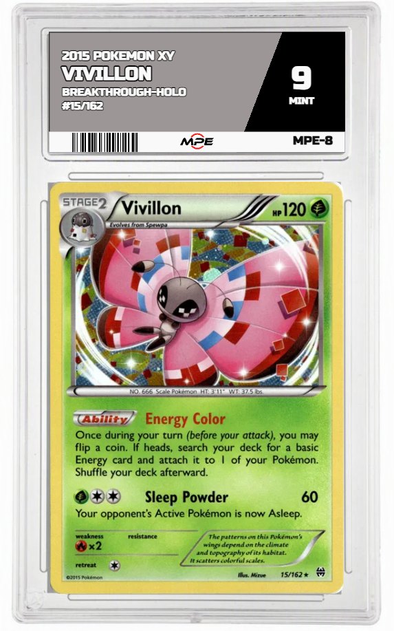 2015 POKEMON XY BREAKTHROUGH-HOLO #15/162 VIVILLON MPE 9 MINT — graded card auctioned from the MPE vault