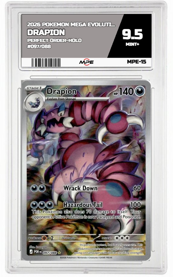 2026 POKEMON MEGA EVOLUTION PERFECT ORDER-HOLO #097/088 Drapion MPE 9.5 MINT+ — graded card auctioned from the MPE vault