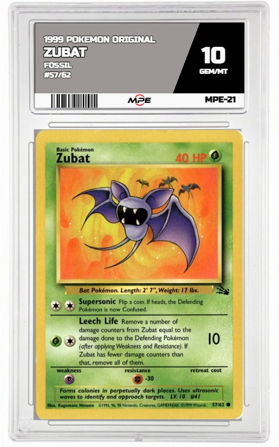 1999 POKEMON ORIGINAL FOSSIL #57/62 ZUBAT MPE 10 GEM/MT — graded card auctioned from the MPE vault