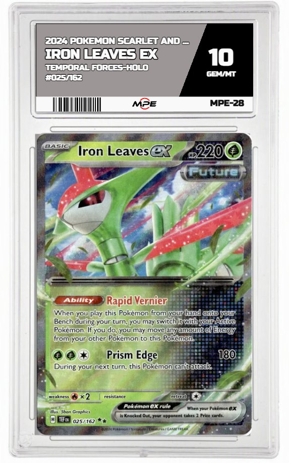 2024 POKEMON SCARLET AND VIOLET TEMPORAL FORCES-HOLO #025/162 Iron Leaves EX MPE 10 GEM/MT — graded card auctioned from the MPE vault