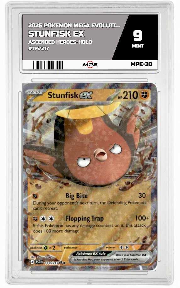 2026 POKEMON MEGA EVOLUTION ASCENDED HEROES-HOLO #114/217 Stunfisk EX MPE 9 MINT — graded card auctioned from the MPE vault