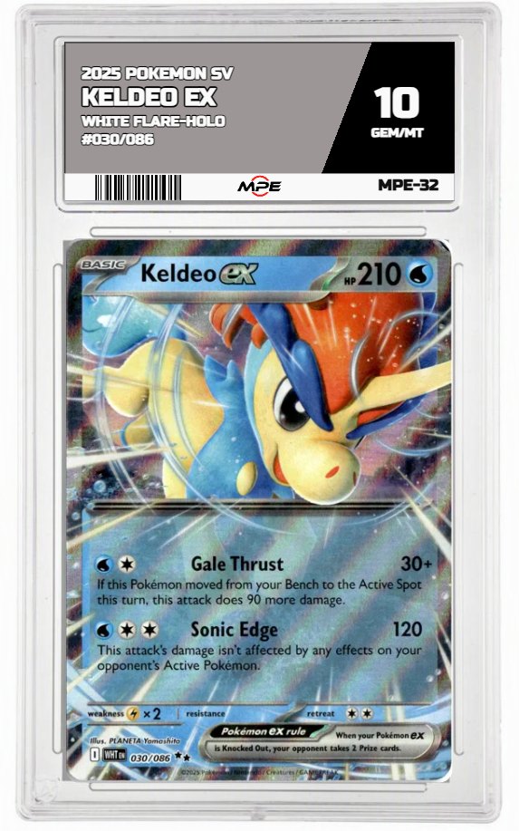 2025 POKEMON SV WHITE FLARE-HOLO #030/086 KELDEO EX MPE 10 GEM/MT — graded card auctioned from the MPE vault
